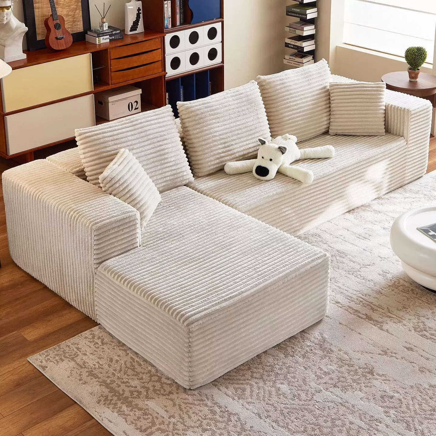 Boneless Cube Compression Sofa, L-Shaped Corduroy Sectional Couch, Vacuum Pack in Box, Modular Living Room Furniture K-11