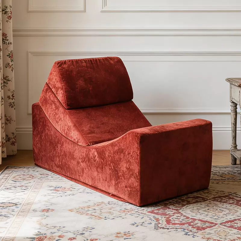 Curved Velvet Floor Lounge Chair, Minimalist Upholstered Recliner Single Leisure Chaise for Bedroom - Image 3