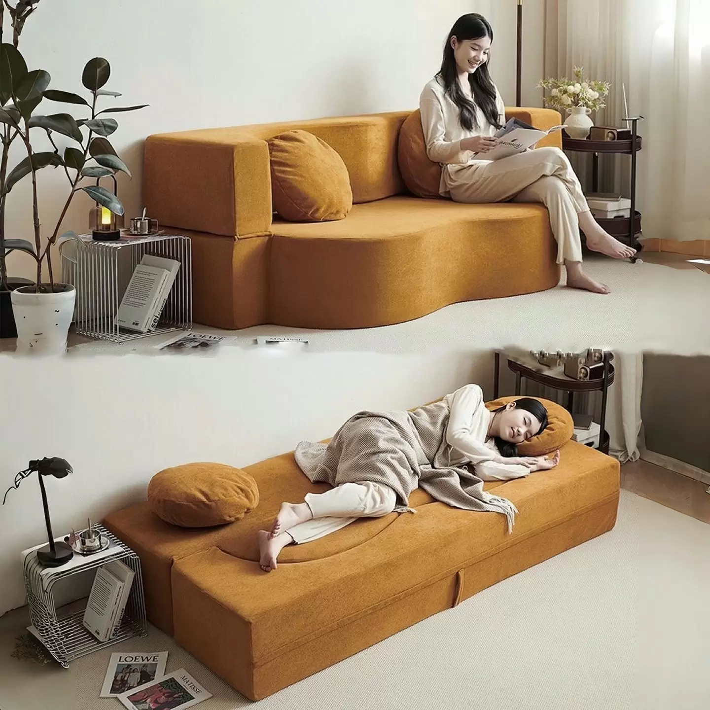 Wave Curved Modular Velvet Floor Sofa, Low Profile 2-in-1 Convertible Leisure Couch K-25