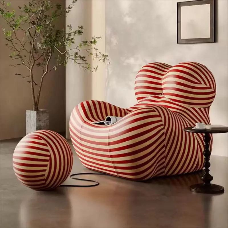 Mama’s Embrace Hug Chair, Striped Curved Ergonomic Leisure Sofa with Round Pouf K-03